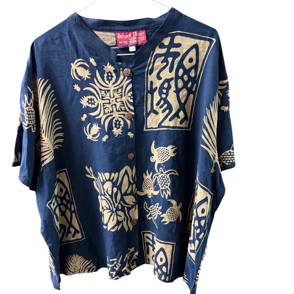 Sunset Rose Navy Blue Tropical Batik Sea Turtle Pineapple Rayon Shirt Plus Sz 3X